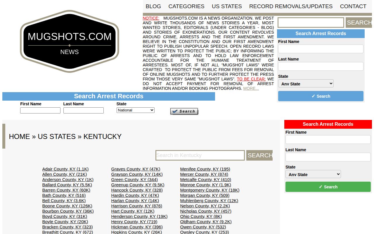 Kentucky mugshot archive search interface with no booking-photo gallery