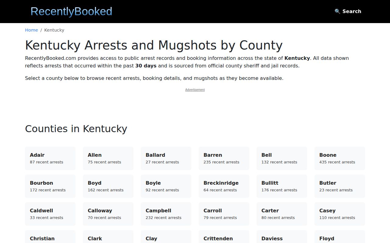 Kentucky recent-arrests secondary county index from RecentlyBooked