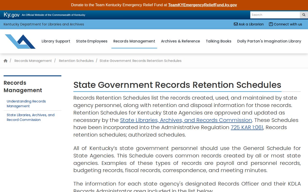 Kentucky retention schedule reference for State Police arrest photo records
