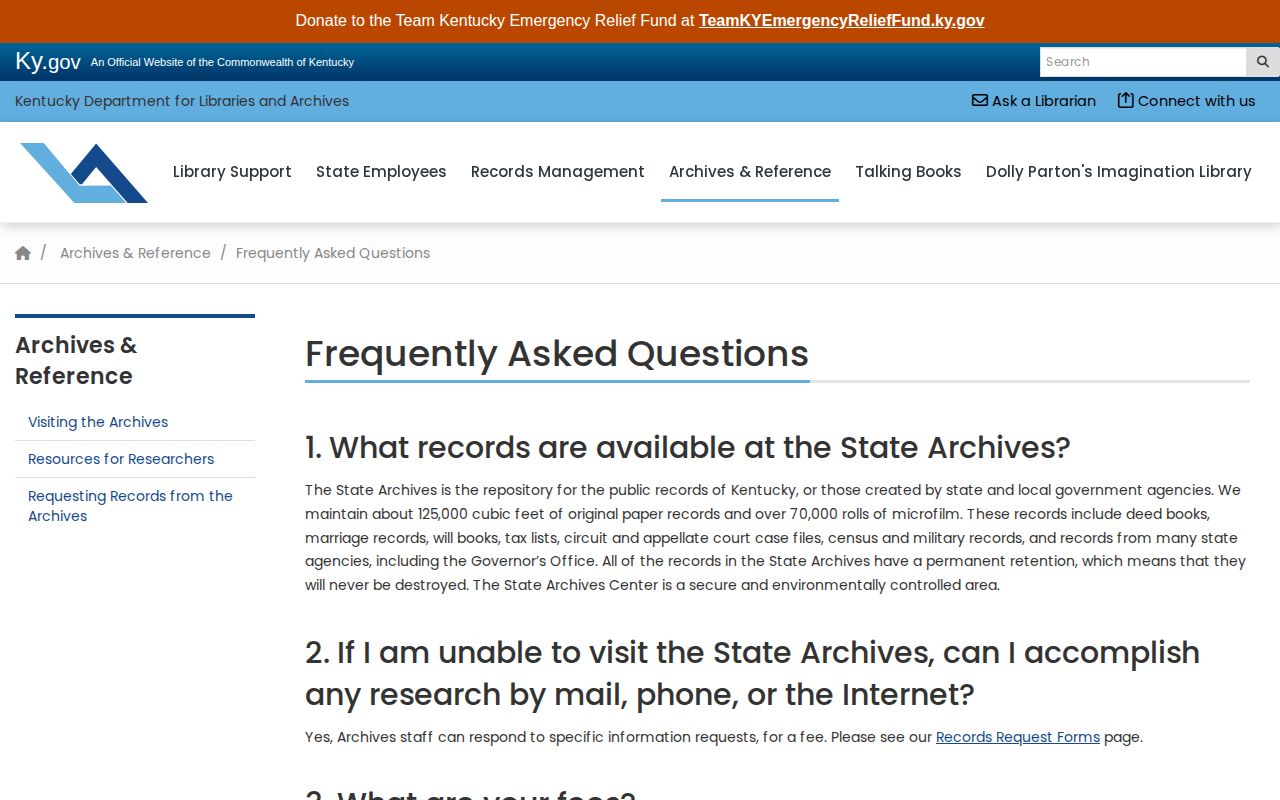 Kentucky Archives FAQ explaining access to historical records and research requests
