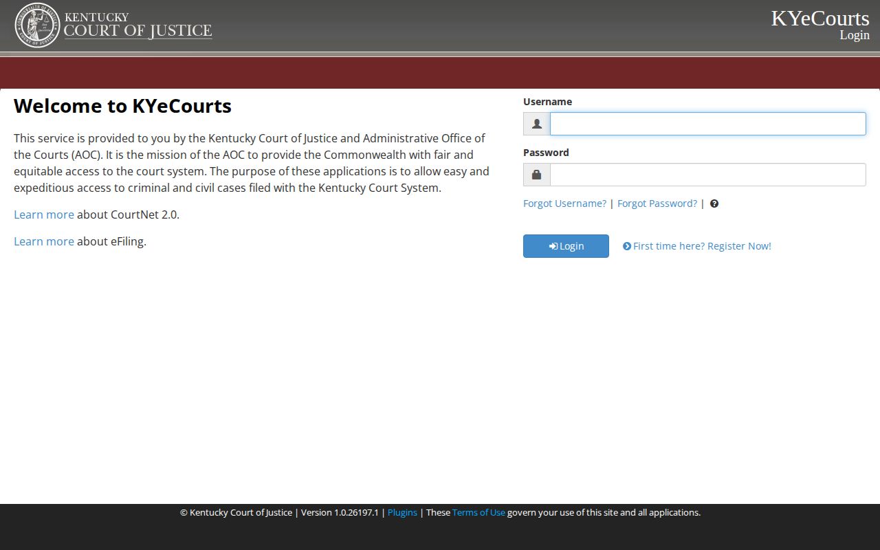 Kentucky court portal entry point for checking an arrest case disposition