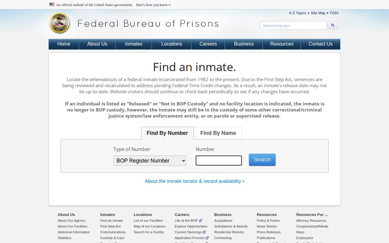 Federal custody locator search screen for Kentucky arrest record follow-up