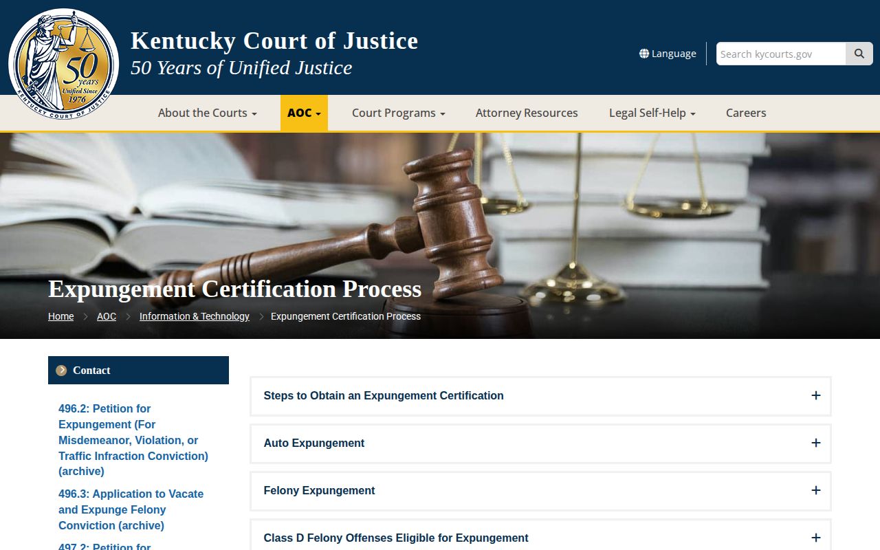 Kentucky court expungement process for eligible arrest records