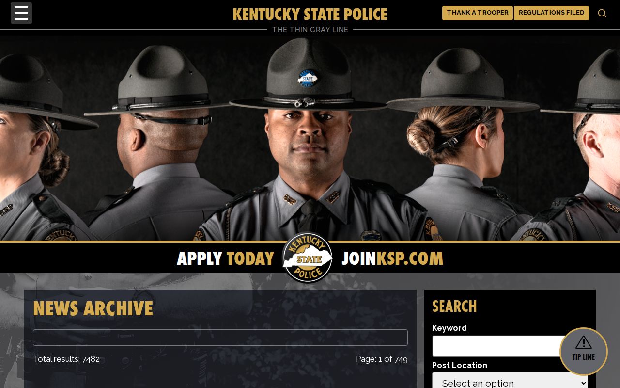 Kentucky State Police News Archive search interface for selected arrest and enforcement releases