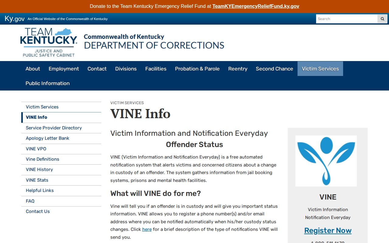 Kentucky VINE custody and release alert information